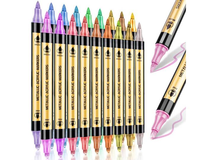 Marker Stifte Set 18 Farben Dual Tip Metallic Acrylfarben, Mehrfarbig, Kunststoff, 1x1x15 cm, Dekoration, Malbedarf & Bastelbedarf