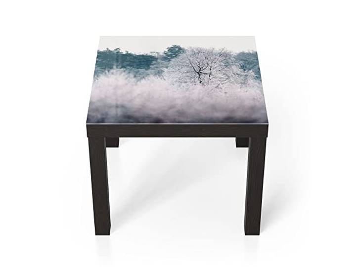 DEQORI Glastisch schwarz klein 55x55 cm Motiv Eisiger Morgen im Wald ausgefallener Beistelltisch aus Glas Hochglanz Couchtisch fürs Wohnzimmer moderner Couch Tisch mit Design
