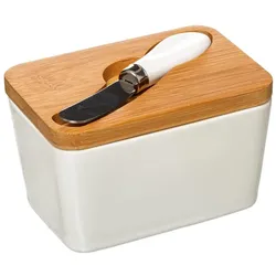 FIVE – Butterdose aus Keramik mit Holzdeckel und Messer, 13,5 x 9,3 x 9 cm