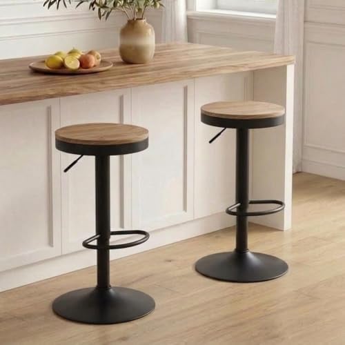 YOUNIKE Barkruk Set van 2, Houten Barstoelen met Metalen Frame, 360° Draaibaar en In hoogte Verstelbaar
