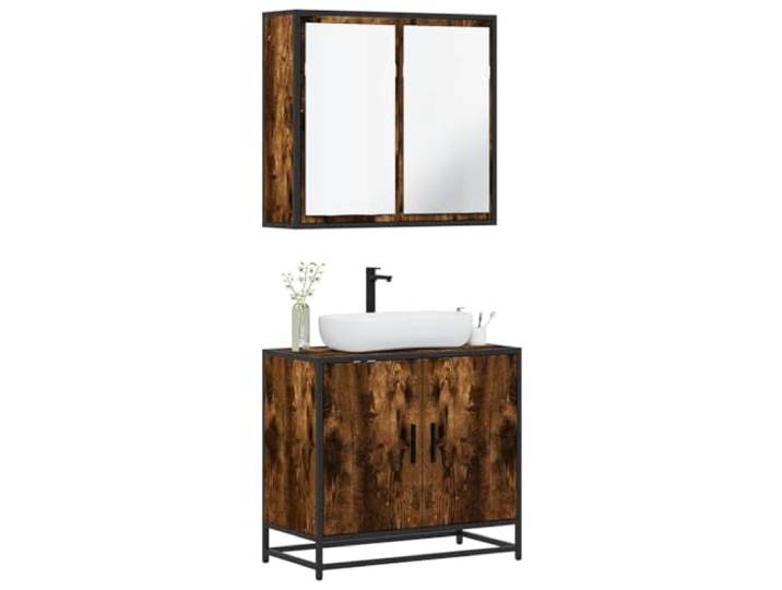 HWKQEQRF 2-TLG. Badmöbel-Set Räuchereiche Holzwerkstoff Wandmontage,Metallgestell,Waschbeckenunterschrank,Spiegelschrank,Lowboard,Stauraum,Badezimmer