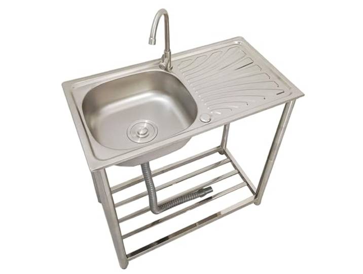ZQFHSX Edelstahl-Spülbecken, freistehendes Einzelbecken-Küchenspülbecken aus Edelstahl 304 mit Arbeitsfläche und Kalt- und Warmwasseranschluss.