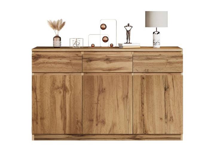 Buffet bas – meuble de rangement aspect bois – 3 portes et 3 tiroirs – 135 x 40 x 81 cm