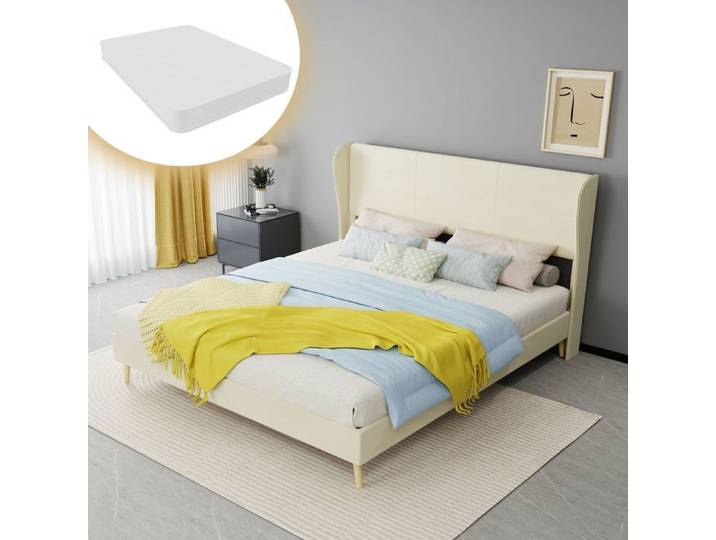 Cadre de lit - SOGEU - 160x200 - Tête de lit rembourrée - Matelas 160x200 inclus - Finition beige
