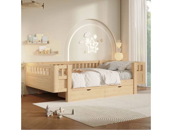 Lit Enfant 90x200 Bois Naturel Lit Plateforme FloraGrace Pour Chambre Enfant 2 Tiroirs Sous Lit 206x94x60cm