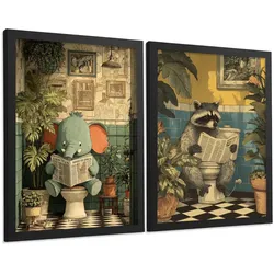 POSTER 2er-Set lustige Badezimmer-Kunstdrucke, Bilder mit lustigen Tieren auf der Toilette, witzige, Badezimmerdekoration, Dusche Schwarzer Rahmen A4