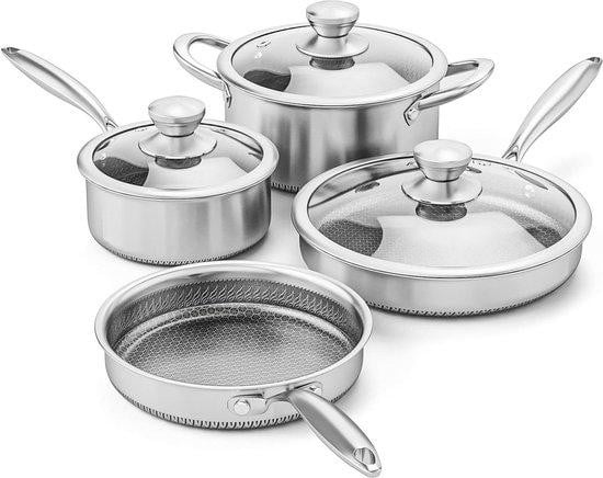 7-delige RVS kookgerei set met glazen deksels in zilver