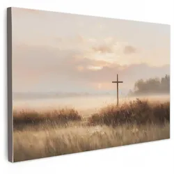 LEINWANDBILD Gras - Morgennebel - Kreuz - Christentum Gemälde 60x40 cm
