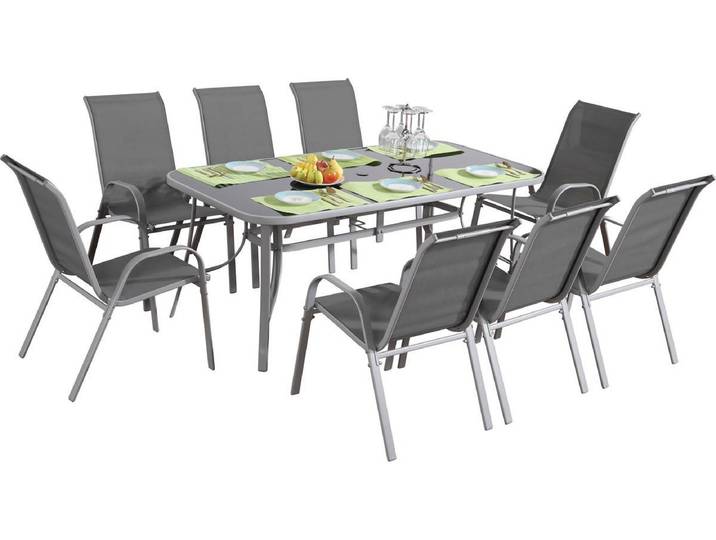 Table et chaises de jardin en textilène cordoba + Porto 8 personnes gris clair