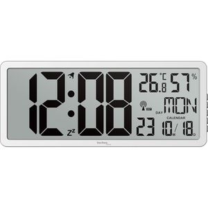 Technoline Wanduhr WS 8135, Kunststoff, digital, Funkuhr, 36 x 15 cm, silber, mit Thermo-Hygrometer & Datum, lautlos