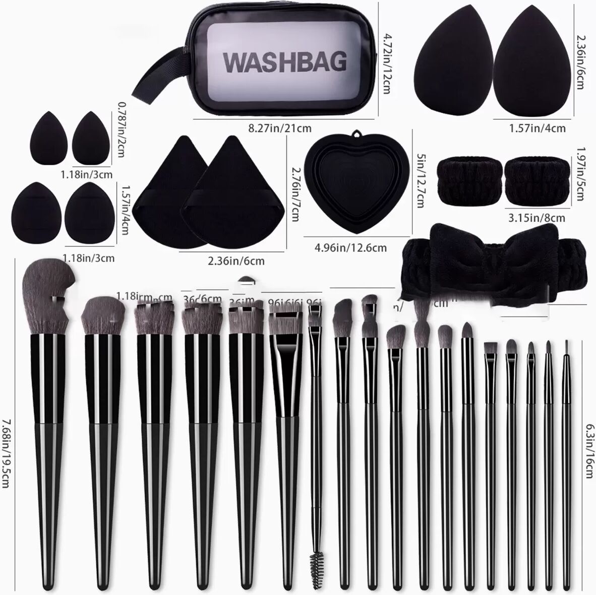 INF 25-teiliges Make-up Pinselset mit Schwämmen, Reinigungsschale & Tasche - Komplettes Set für Gesicht und Augen