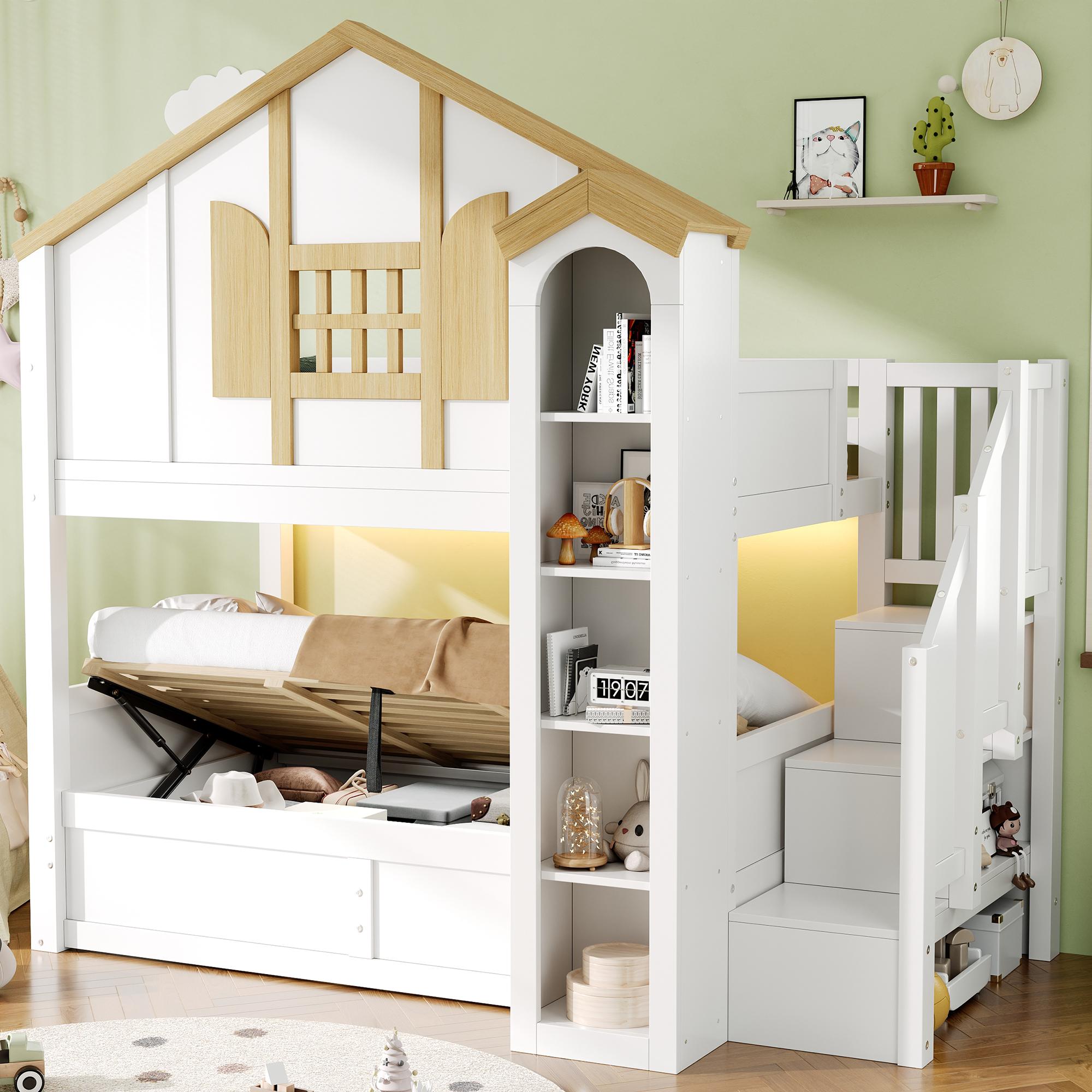 Etagenbett mit hydraulischem Unterbett, Hochbett aus Massivholz, Kinderbett, 90 x 200 und 90 x 200cm, Holzbett, Hausbett