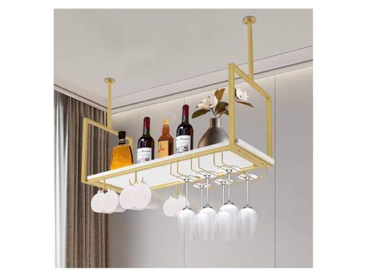 Failjierue 31,5 Zoll rustikales Deckenweinregal Hängender Weinhalter aus Eisen mit Becherhalter für Bar, Café, Küche(Gold)