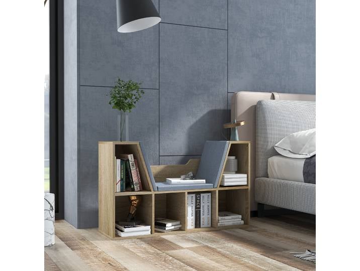 HOMCOM Banc Bibliothèque 2en1 6 Casiers 3 Coussins Chêne Gris