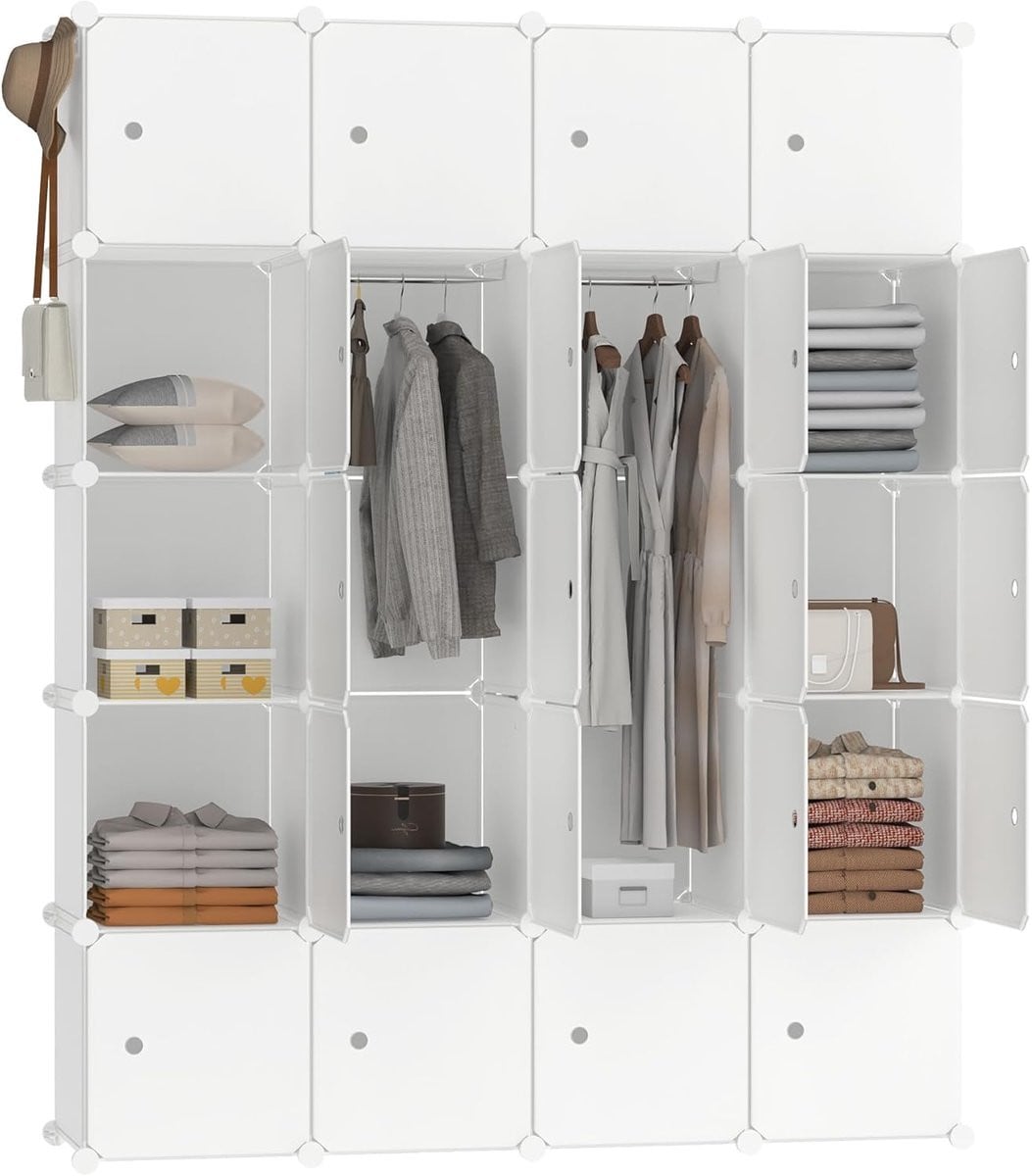 Aufun Modulaire kledingkast met 20 vakken, schoenenrek en kledingstang, Wit