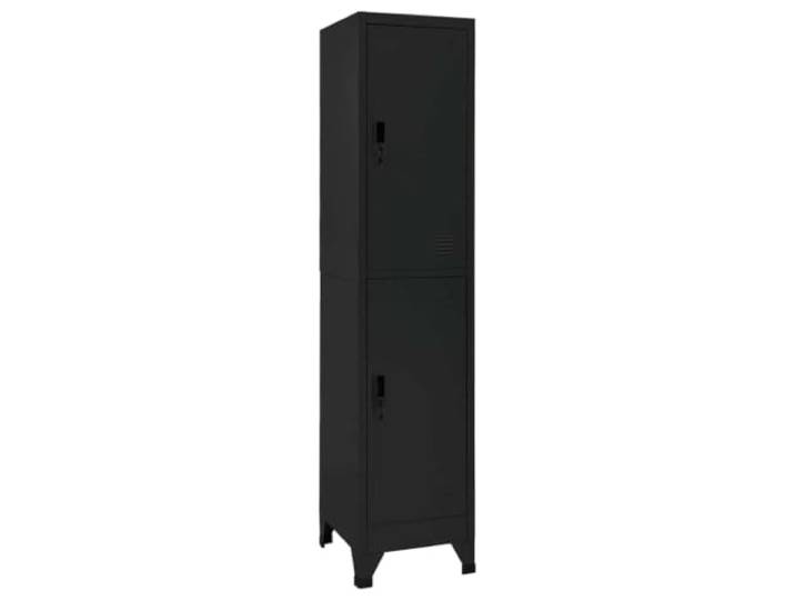 Schließfachschrank Schwarz 38x45x180 cm Stahl mit abschließbaren Türen Stahlkonstruktion, Kleiderbügel je Fach, Lüftungsschlitze, Namensschildhalter, für Schule und Büro