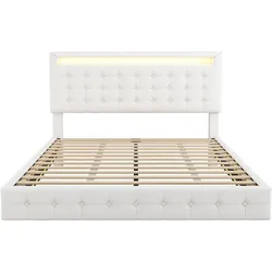 OKWISH Flachbett aus PU und MDF, Weiß, 140x200 cm, LED-Umgebungslicht, höhenverstellbares Kopfteil