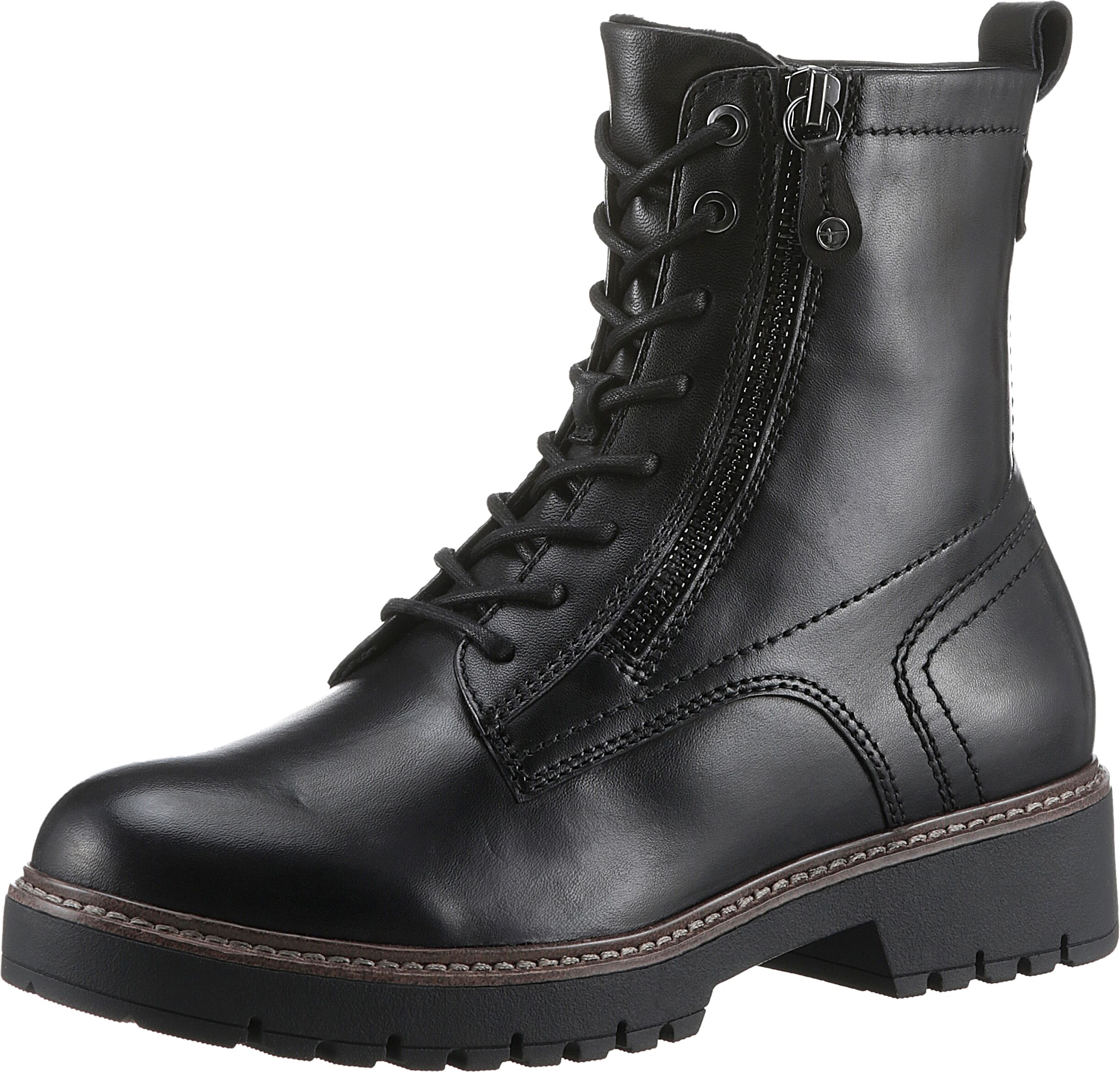 Schnürboots TAMARIS, Damen, Gr. 37, wärmend, schwarz, Glattleder, Lederimitat, unifarben, Schuhe Schnürboots, Blockabsatz, Schnürstiefelette, Combat-Boots mit Kontrast-Rahmennaht