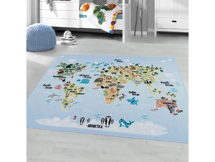 home24 Kinderkleed Play Wereldkaart 120 x 170cm blauw