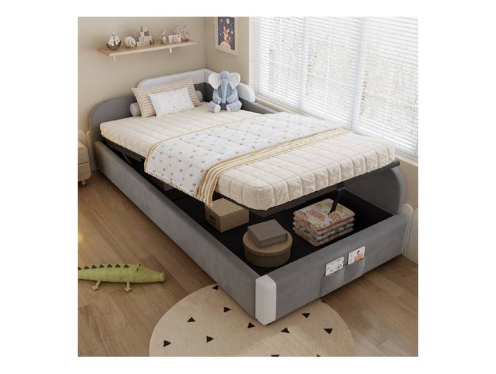 KEFEYA Polsterbett Kinderbett mit hydraulischem Stauraum (weichem Fallschutz & Fußtasche, Samt-Einzelbett mit rechter Seitenplatte für Kinderzimmer & Jugendzimmer, Grau, 1-tlg., 90x200cm)