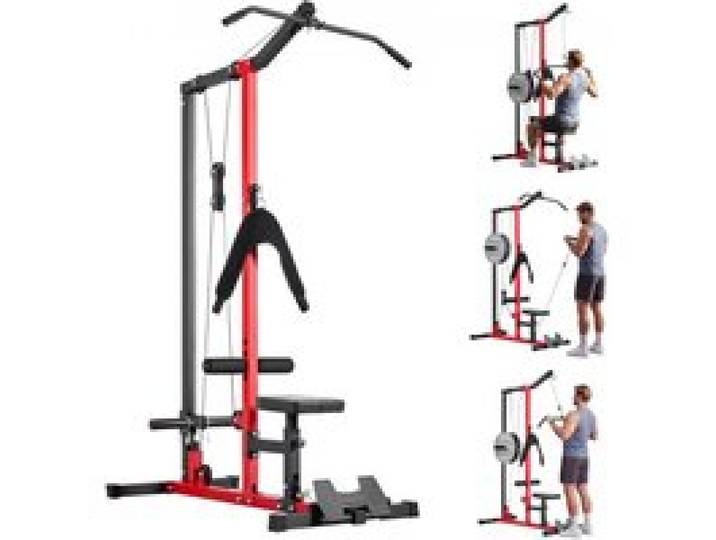VEVOR Latzugstation, 3-in-1 Latzugturm, Kraftstation mit Latzugstange & Seilzug, bis 181 kg Belastbar, Krafttraining für Rücken Arme Schultern Bauch, Latzugmaschine für Fitnesscenter Zuhause, Schwarz