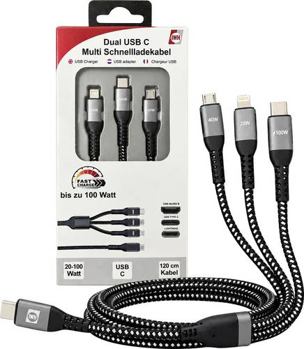IWH USB-Ladekabel USB-C, USB-Micro-A Buchse, Apple Lightning Stecker 1.20m 019057