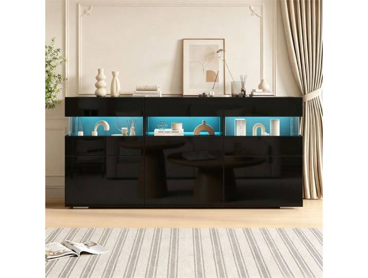 Bladez - Buffet rectangulaire laqué brillant - 3 portes éclairage LED - 7 étagères - Convient pour le salon et la cuisine - Noir