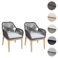 2er-Set Gartenstuhl HWC-H56b, Sessel Outdoor, wetterfest Seilgeflecht Rope Holz Akazie ~ dunkelgrau Kissen hellgrau