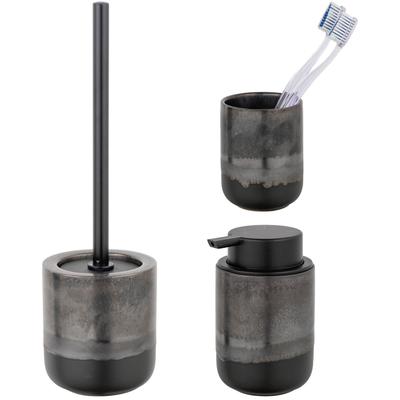 Badaccessoire-Set "»Riolo«", grau, Edelstahl, Keramik, SCHÖNER WOHNEN-KOLLEKTION, Badaccessoires-Sets, Zahnputzbecher, Seifenspender & WC-Garnitur, aus Keramik, Effektglasur