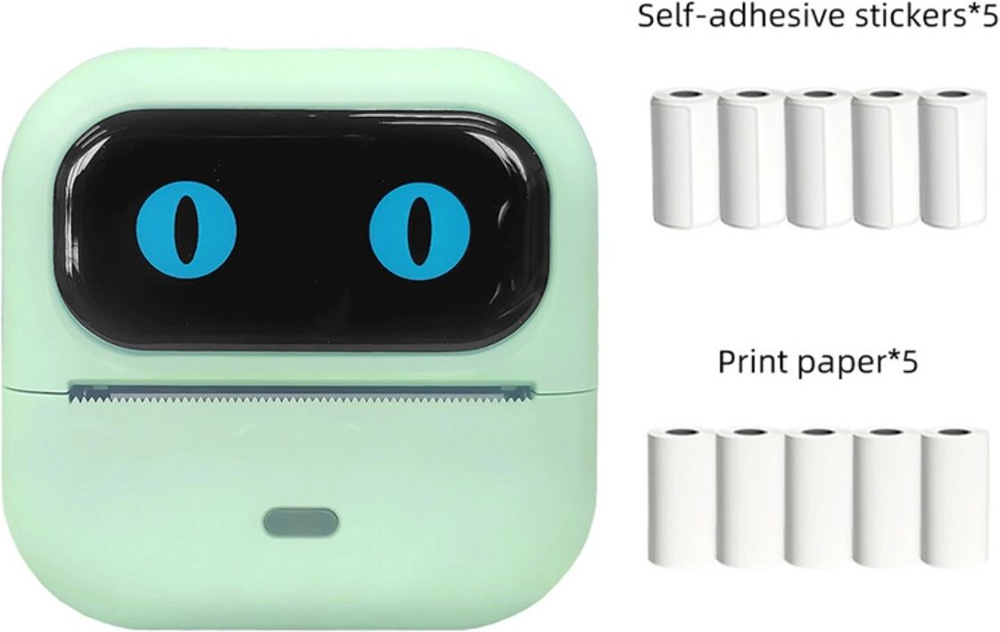 INF Mobiler Mini-Thermodrucker, kompatibel mit Apple und Android, mit 5 selbstklebenden und 5 normalen Papierrollen Grün