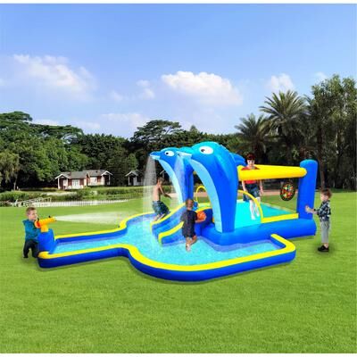 Inflatable Water Slide Bounce House，Outdoor 8 In 1 Play w/Target games & Water gun & Basketball