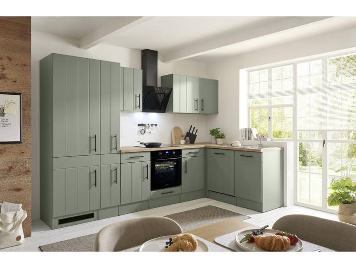 L Küche Winkelküche Landhaus Grün Anton 310 Induktion Kühlschrank groß Respekta