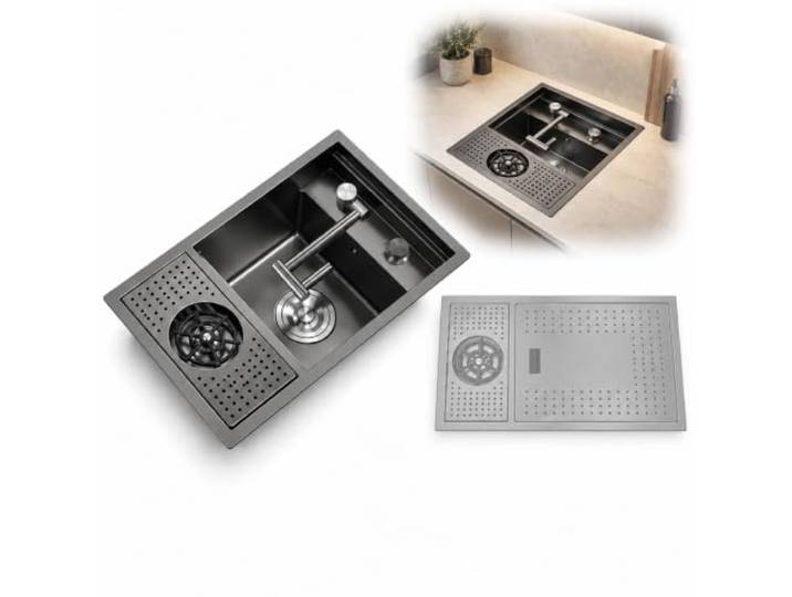 Edelstahl Küchenspüle für Wohnmobil mit Klappbarem Wasserhahn 304 Wohnmobilspüle, Camper Spüle für Campervan, Wohnwagen und Boot(55x32x23cm/21.6x12.6x9in)