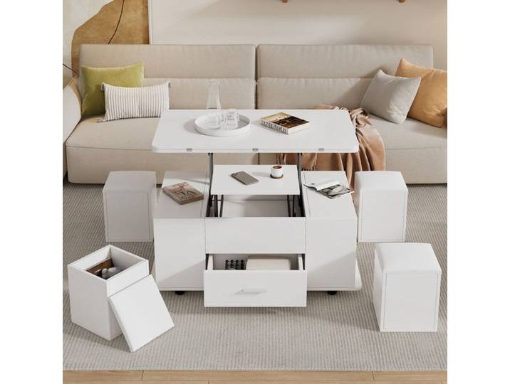 Table Basse Relevable Table de Canapé Mobile Multifonctionnelle 4 en 1 avec Tiroir et 4 Tabourets Transformable en Table à Manger