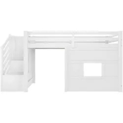 STILVORA Hochbett Holzwerkstoff/Kiefer Weiß 90x200 cm mit Stauraumtreppe, Fenster und LED