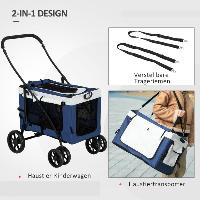 Hundebuggy - 2-in-1-Tierbuggy mit abnehmbarem Tragekorb und Metallrahmen für kleine Haustiere