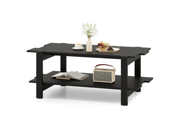 GOPLUS Table Basse à 2 Niveaux Rectangulaire avec Rangement & 4 Pieds Solides-115x59x46CM-Style Industriel Noir
