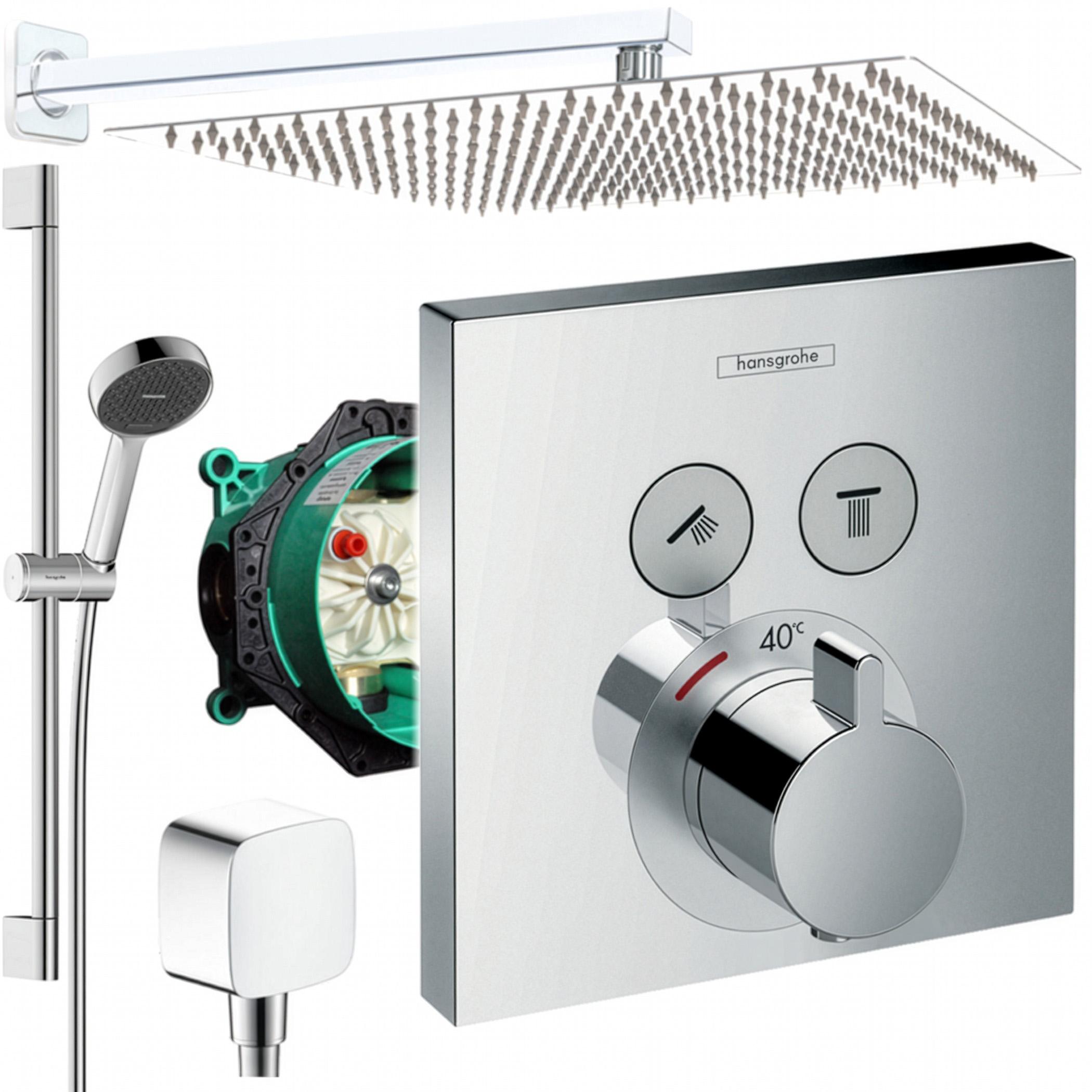 Hansgrohe und Jowi Unterputz Duschsystem ShowerSelect Thermostat Duscharmatur, mit 650mm Brausestange, 360mm Regendusche