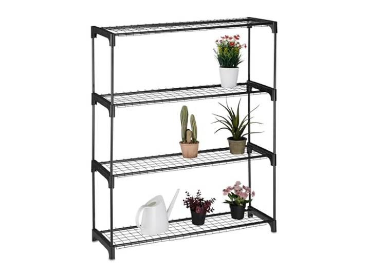Relaxdays Étagère à plantes\, 4 niveaux\, pour pots\, fleurs\, métal et plastique\, HxLxP : 106x91x28 cm\, noir