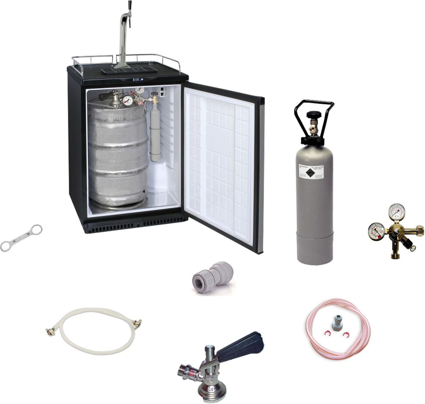 Fassbierkühlschrank Komplett-Set | 50L Bierzapfanlage mit Schanksäule & Kompensatorhahn, 5 Liter Adapter