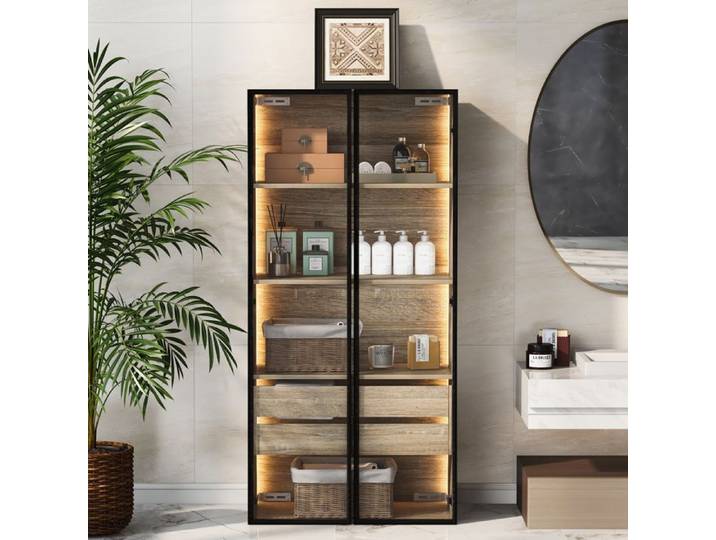 Meuble de salle de bain colonne - ZEVKOR - Colonne - 2 portes vitrées - 2 tiroirs - 74×36×155 cm