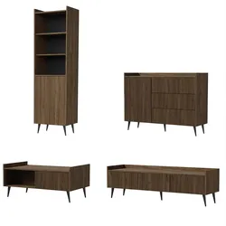 WOHNWAND Amfali 4-teilig –Lowboard, Kommode, Regal und Couchtisch, Push-to-open, Walnussfarben