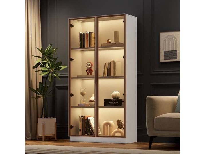 Vitrine en verre avec éclairage LED Blanc Armoire haute pour salon Vitrine à double porte avec étagères mobiles 80*40*160cm