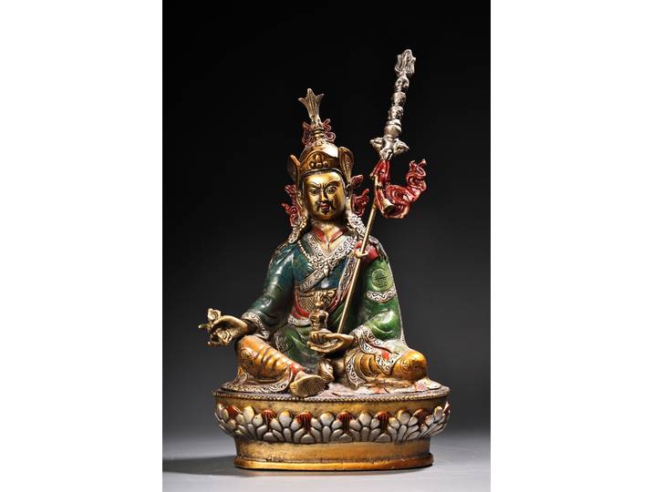 Statue de Guru de Lotus en cuivre tibétain authentique, artisanat en Relief exquis pour décoration de bureau de salon et affichage de collection