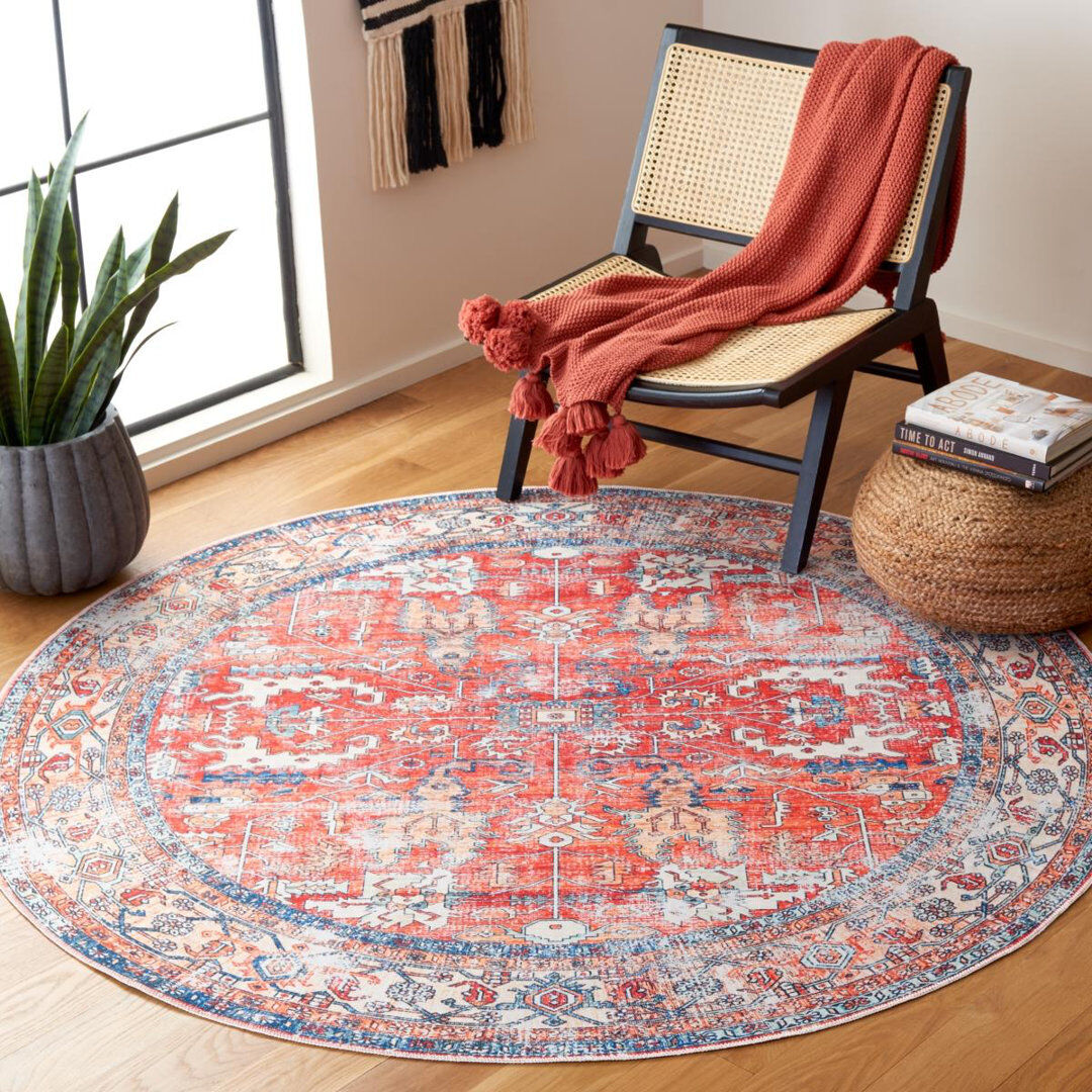 Blue Elephant Arizona Dynasty Machine Washable Area Non-Slip Rug In Red & Blue Grey;Red;Blue Round 183cm