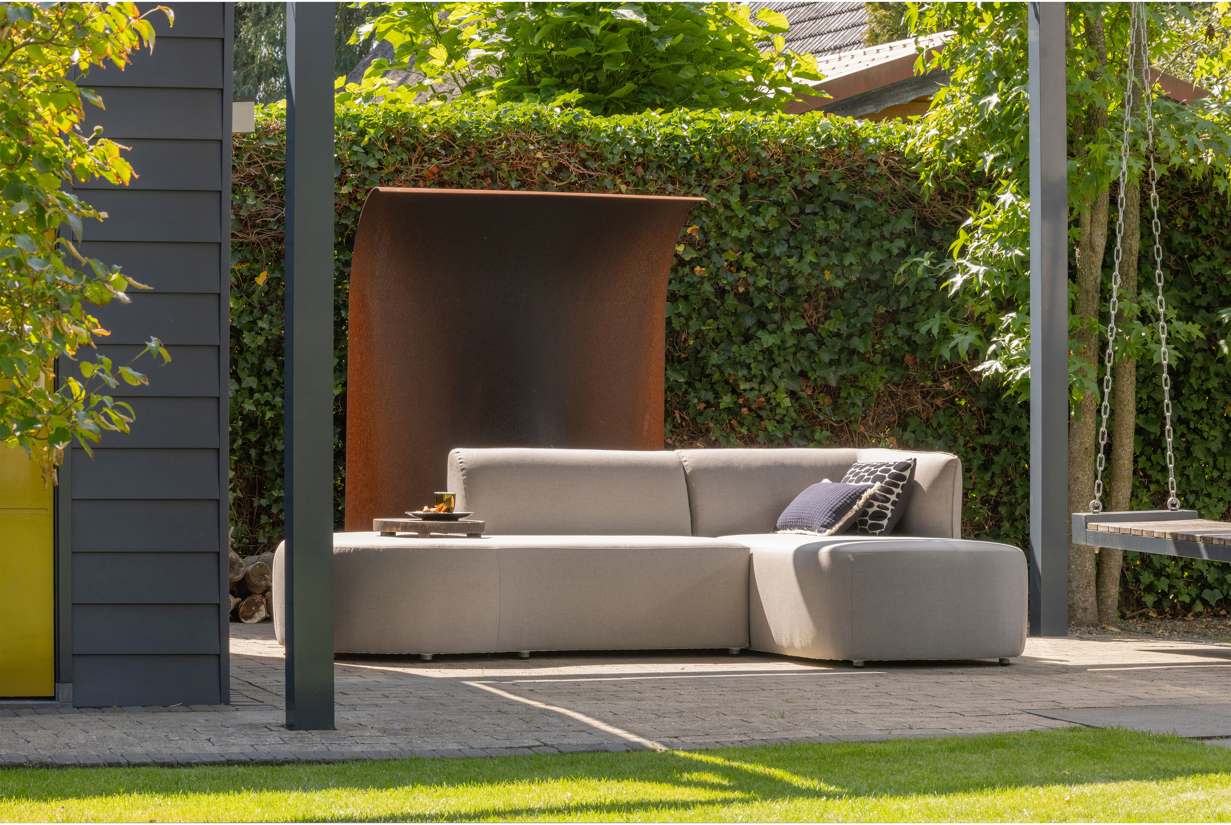 Ecksofa WOOOD "Chios Outdoor-Polyolefin-Stoff waterproof H 71 x B 258 x T 168 cm", sand, B:258cm H:71cm T:168cm, 100% Polyolefin-Garn, Sofas, Ecksofa, UV-beständige Beschichtung, Tragkraft 300 kg, pfleigleicht sand B/H/T: 258cm x 71cm x 168cm, langer Sche