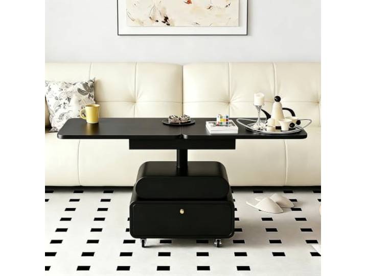 Couchtisch mit anhebbarem Blatt, Stauraum & Laufrollen, multifunktional Massivholz-Optik, verdeckter Stauraum, leise Laufrollen, minimalistischer Stil für Wohnzimmer & gehobene Innenräume(C)