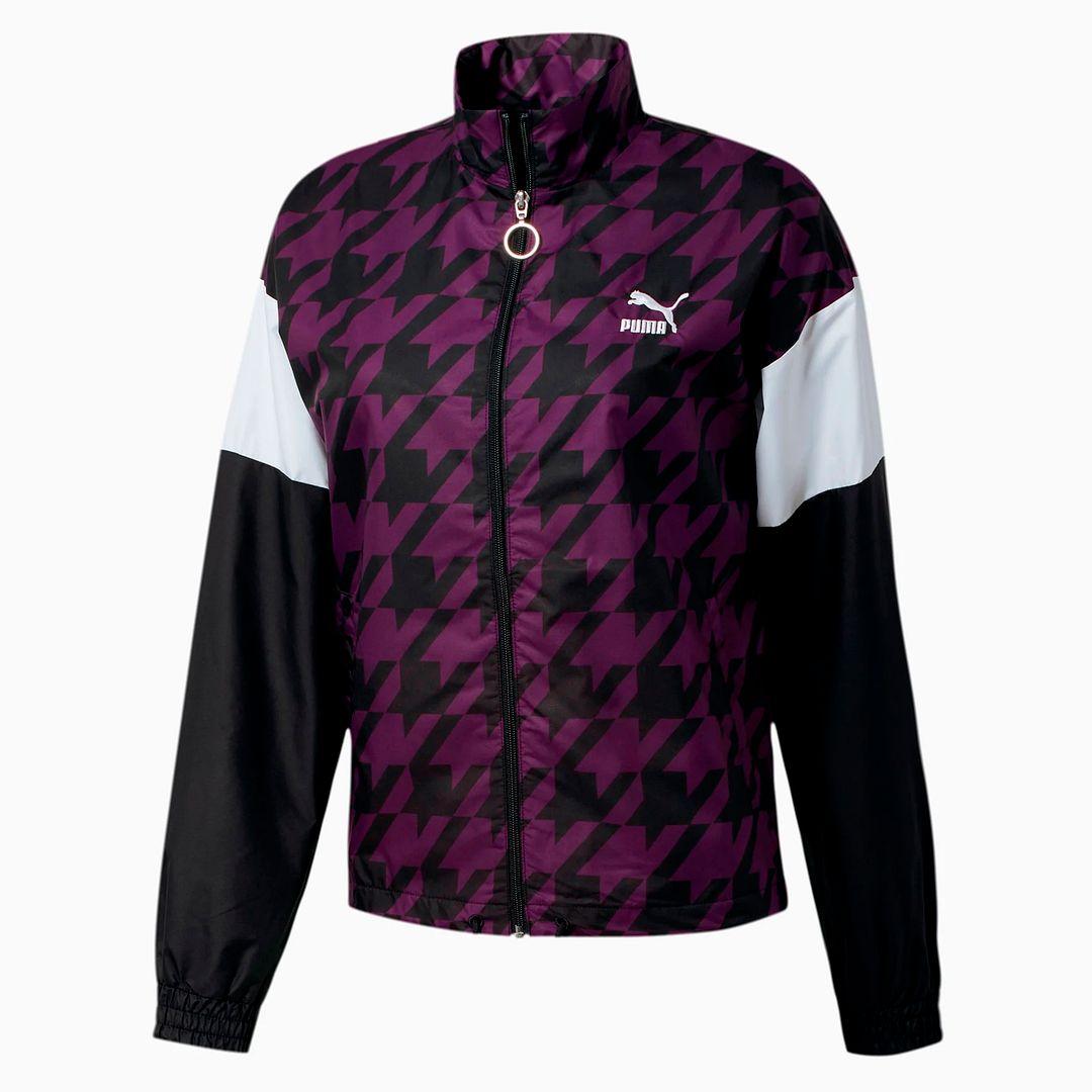 Puma Langarm Zip Up Womes überall über Druck schwarze Lila Jacke 596735 25