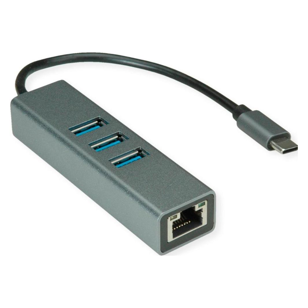 Roline USB Typ C - Gigabit Ethernet Konverter + Hub 3x (USB-C) (12.02.1127)
