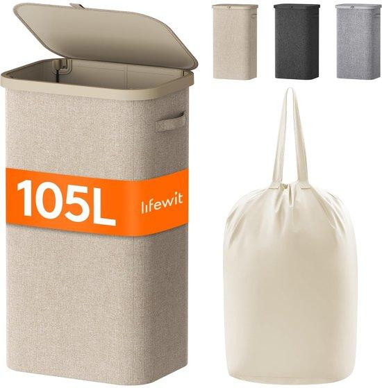 Opvouwbare wasmand met deksel en handvatten, 105 liter, beige, textiel